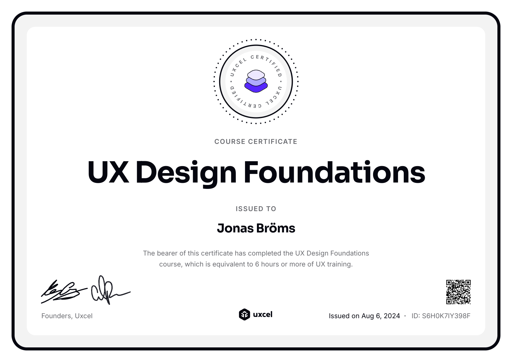 Jonas Bröms's certificate